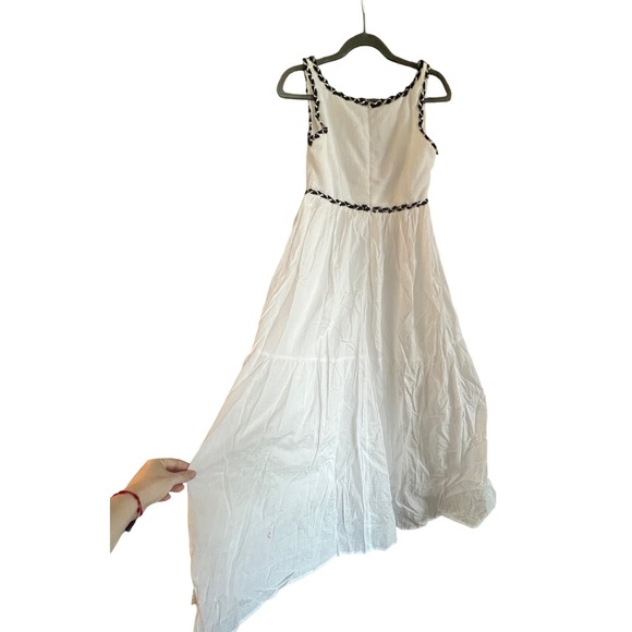 Cotton Linen White Dress Sleeveless Tiered Ruffle Trim Casual Sundress M - Picture 8 of 9